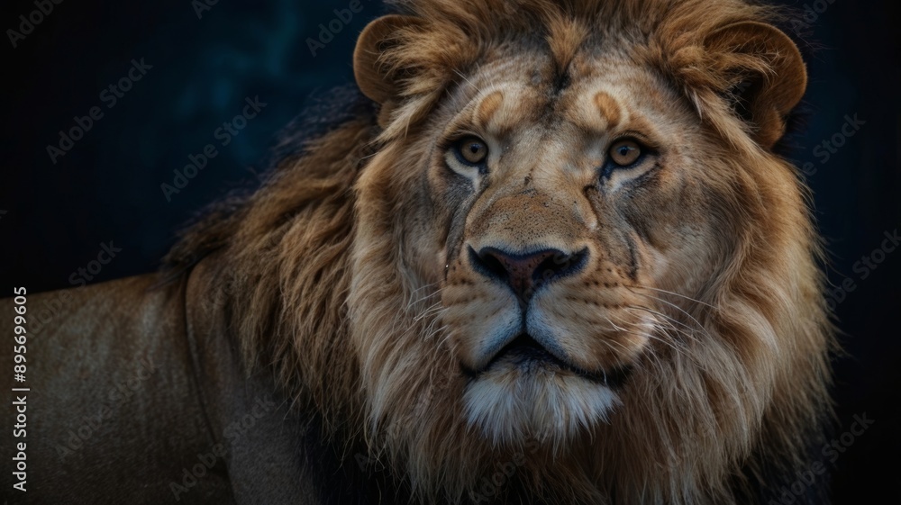 A lion with a long mane and blue eyes staring at the camera against a black background. A lion with a long mane and blue eyes staring at the camera against a black background.
