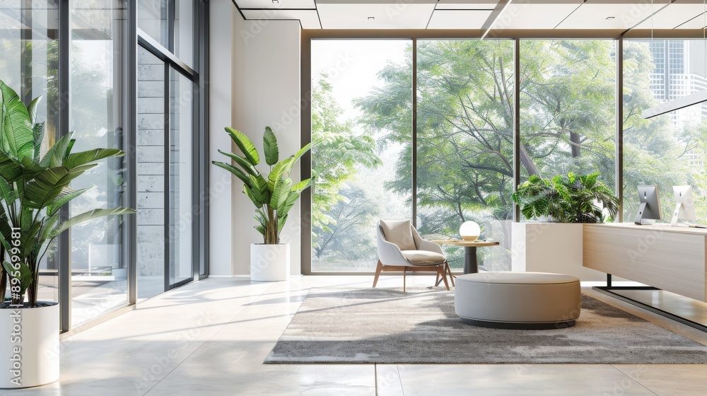Fototapeta premium Modern Lobby with Greenery and Natural Light