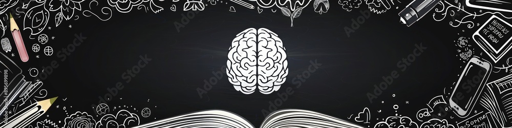 Black and white doodle school background with brain, book, and pencil designs. Black and white doodle school background with brain, book, and pencil designs.