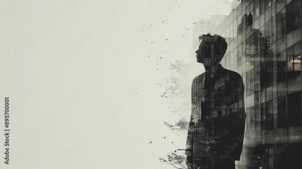 Businessman wearing a suit combines an image of an office building with double exposure style Businessman wearing a suit combines an image of an office building with double exposure style
