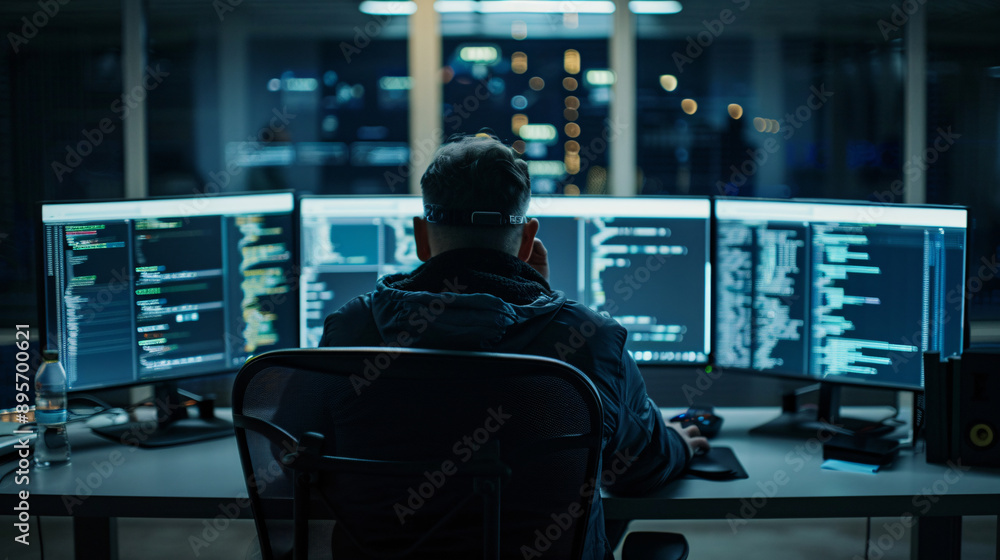 Rear View of Programmer Working on Multiple Monitors at Night Rear View of Programmer Working on Multiple Monitors at Night