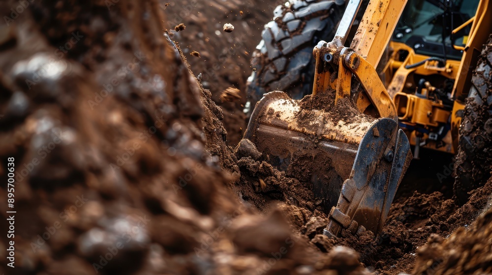 An excavator is shown in action, its bucket filled with soil, operating efficiently within a muddy construction site, highlighting the equipment's durability and capability. An excavator is shown in action, its bucket filled with soil, operating efficiently within a muddy construction site, highlighting the equipment's durability and capability.