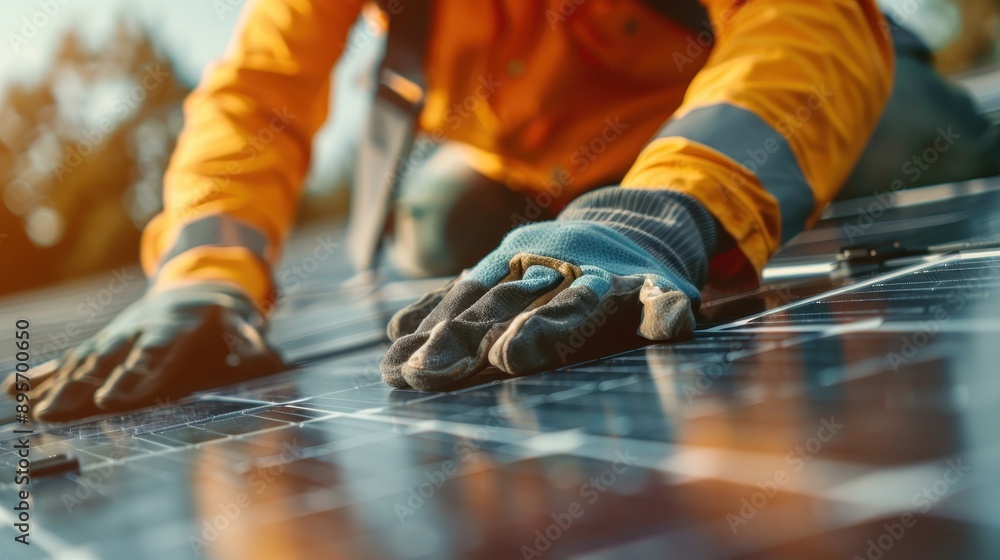 An installer is captured at work, carefully positioning solar panels during a rooftop installation, symbolizing sustainable energy, precision work, and modern technology. An installer is captured at work, carefully positioning solar panels during a rooftop installation, symbolizing sustainable energy, precision work, and modern technology.