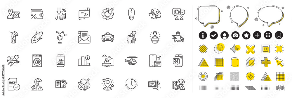 Set of Delivery truck, Teamwork process and Taxi line icons for web app. Design elements, Social media icons. Target path, Water glass, Puzzle icons. Vector Set of Delivery truck, Teamwork process and Taxi line icons for web app. Design elements, Social media icons. Target path, Water glass, Puzzle icons. Vector