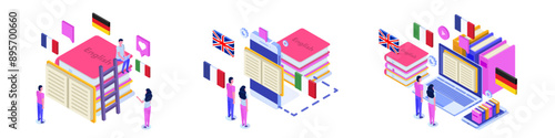 Language school, online learning. translator isometric  illustration. Use for web pages, hero images, infographics.