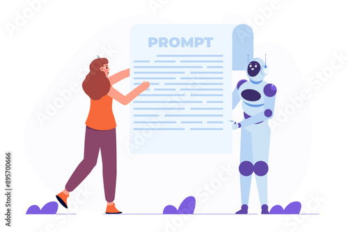 Character working as a prompt engineer, creating content using a generative AI model. Concept of artificial intelligence in business. Vector illustration