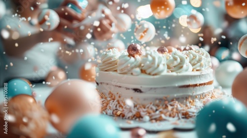 A beautifully detailed birthday cake with white frosting adorned with decorations, set with balloons in the background, evoking a sense of joy and celebration.