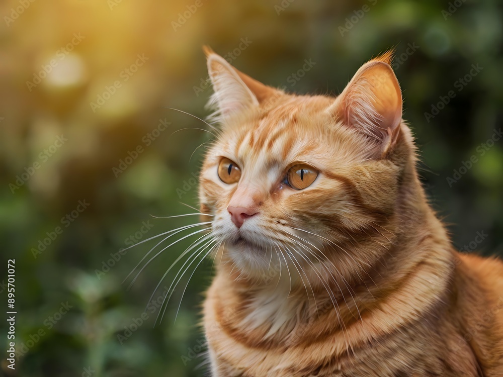 Fototapeta premium orange cat with blur background, orange cat is sitting and looking