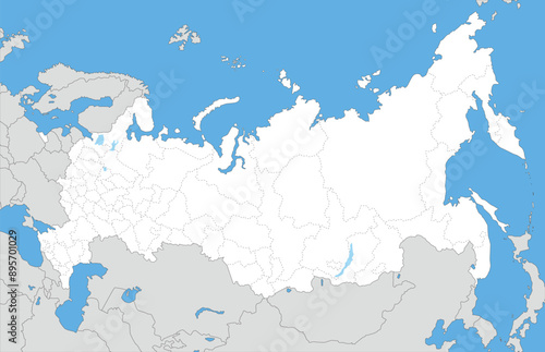 ロシア連邦の白地図、州・共和国・地方・自治管区・連邦市の境界線入り