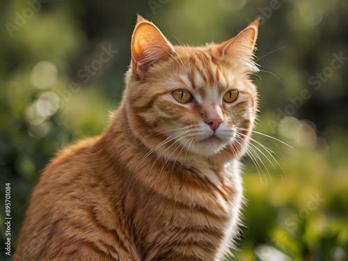 orange cat with blur background, orange cat is sitting and looking