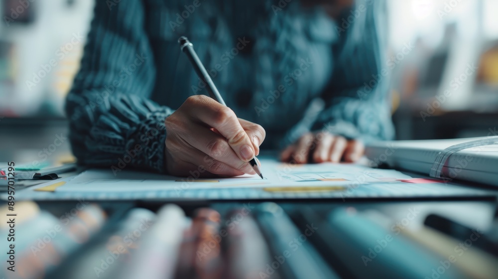 A person is drawing detailed designs on paper using pencils and markers, with various art supplies spread out on the table in a well-lit creative workspace. A person is drawing detailed designs on paper using pencils and markers, with various art supplies spread out on the table in a well-lit creative workspace.