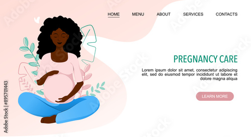Pregnancy Care landing web page template with african pregnant woman sitting in lotus pose