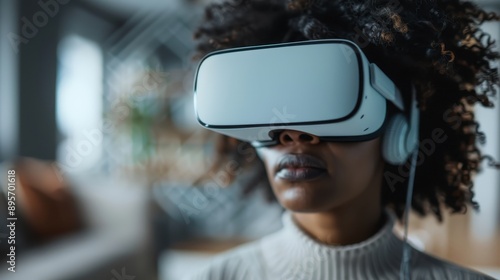 A person with curly hair is engaging with a VR headset in a contemporary living room, highlighting the integration of virtual reality in everyday life. photo