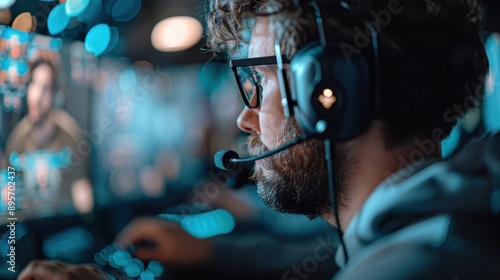 A close-up shot of a person engaged in a video game, wearing a headset with a microphone, and illuminated by the glow of the computer screen in a gaming setup. photo