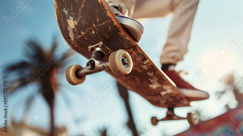 A skateboarder executes a mid-air trick against a sunny backdrop, with palm trees and vibrant graffiti capturing the lively, energetic atmosphere of urban outdoor sports. photo