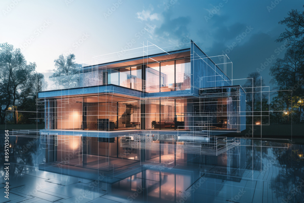 Modern house design is being compared to a finished luxury home with a swimming pool at sunset Modern house design is being compared to a finished luxury home with a swimming pool at sunset