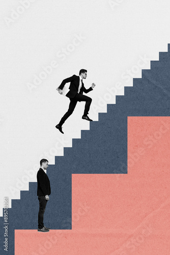 Billede på lærred Vertical photo collage of serious businessman run career ladder promotion other