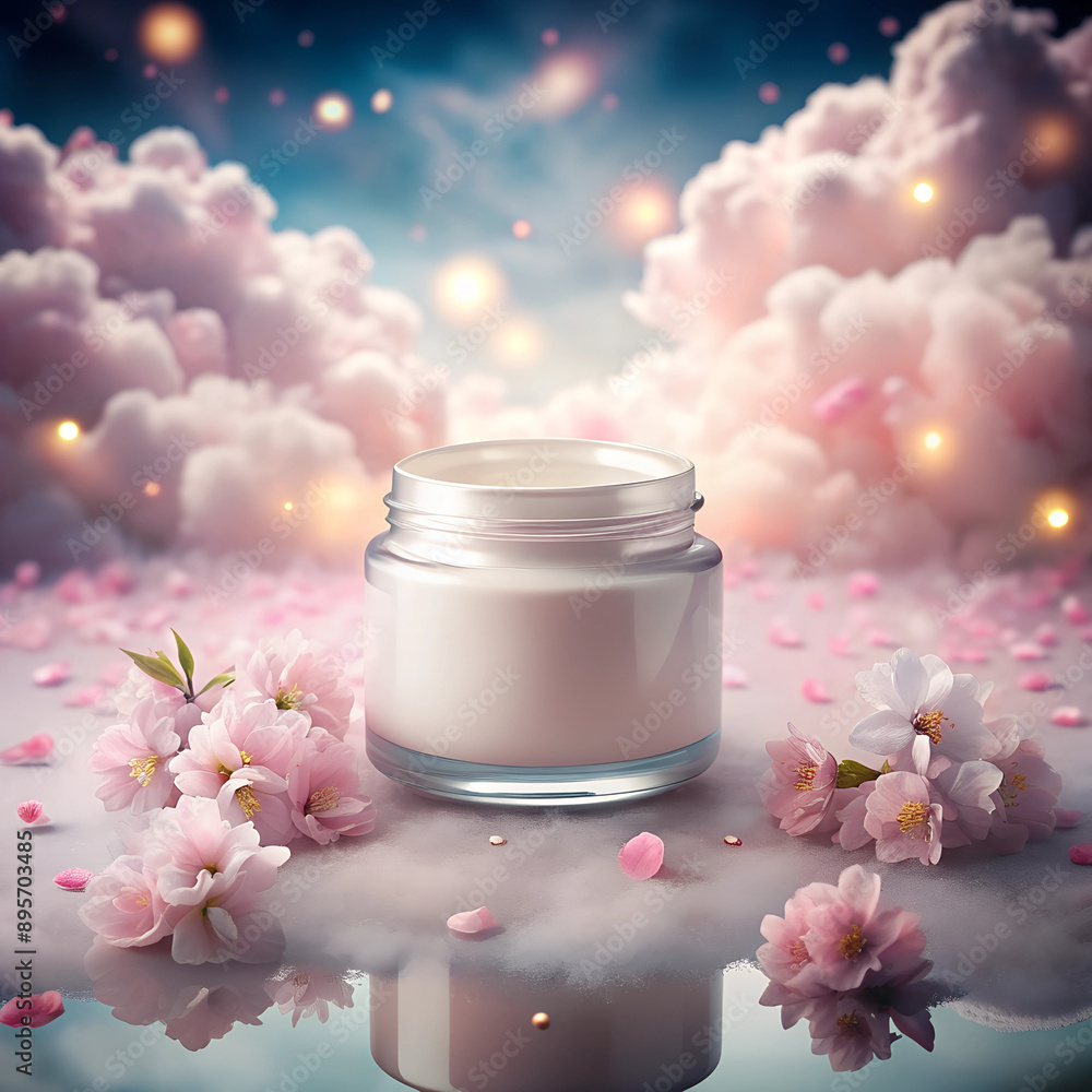 Pink Cream Jar with Flower Petals Against Pink Cloud Background Pink Cream Jar with Flower Petals Against Pink Cloud Background