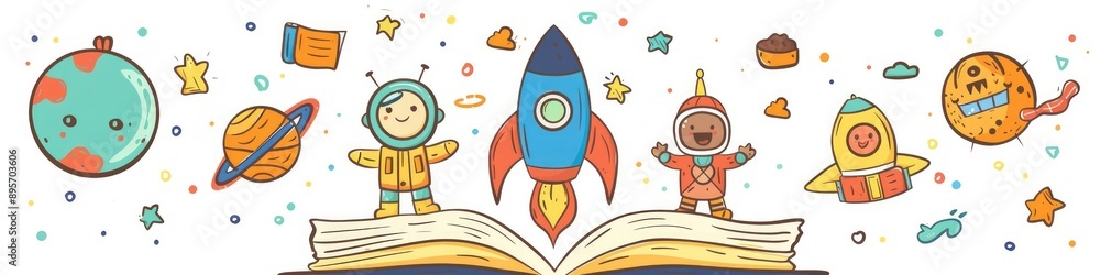 Doodle-style open book vector with school icons and characters, isolated on white. Doodle-style open book vector with school icons and characters, isolated on white.