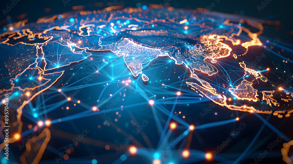 Digital map of Asia, concept of global network and connectivity, data transfer and cyber technology, business exchange, information and telecommunication Digital map of Asia, concept of global network and connectivity, data transfer and cyber technology, business exchange, information and telecommunication