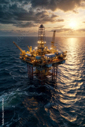 Aerial view of offshore oil and gas remote platform in open sea/ocean at sunset background. Power generation and petrochemical industry. Oil and gas produced platform concept. Copy ad text space photo