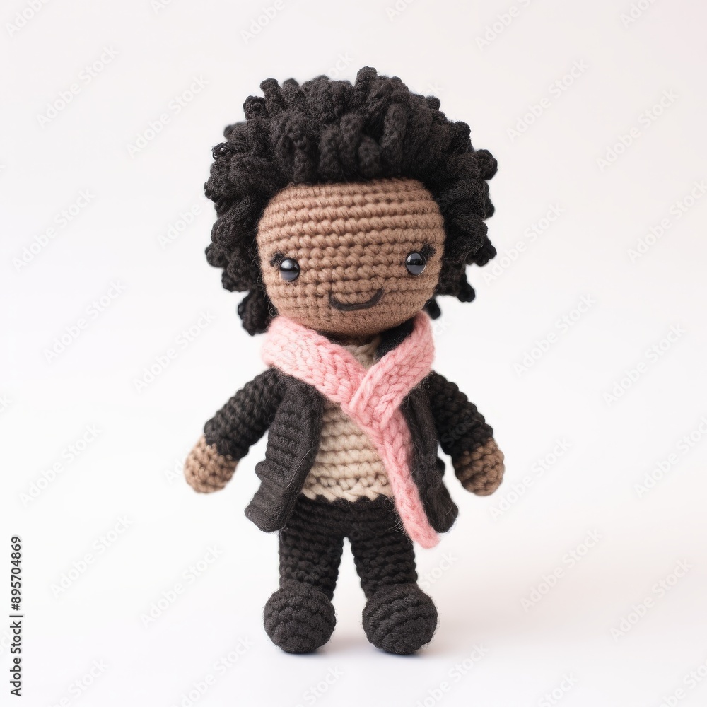 A cute, crocheted doll with a pink scarf A cute, crocheted doll with a pink scarf