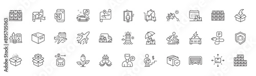 Car service, Flight mode and Car rental line icons. Pack of Storage, Valet servant, Packing boxes icon. Charging parking, Wholesale inventory, Plane pictogram. Moving service, Office box. Vector