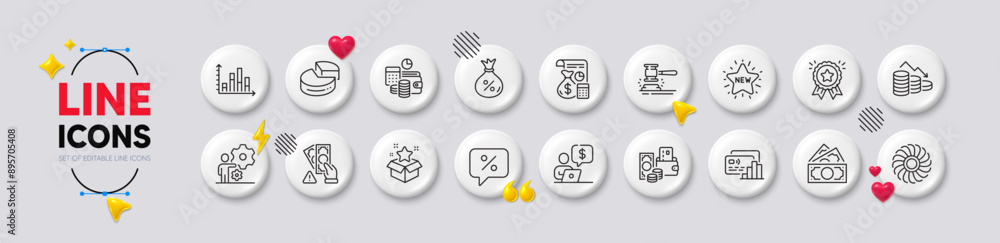 Discount message, Loyalty award and New star line icons. White buttons 3d icons. Pack of Budget accounting, Accounting, Bribe icon. Fan engine, Change money, Pie chart pictogram. Vector Discount message, Loyalty award and New star line icons. White buttons 3d icons. Pack of Budget accounting, Accounting, Bribe icon. Fan engine, Change money, Pie chart pictogram. Vector