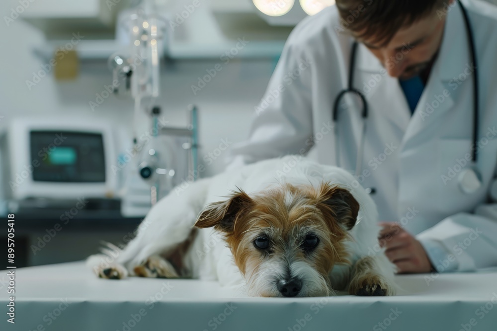 Male veterinarian in white coat examining a tired dog on the examination table in a veterinary clinic. Veterinary care and pet healthcare services. Male veterinarian in white coat examining a tired dog on the examination table in a veterinary clinic. Veterinary care and pet healthcare services.