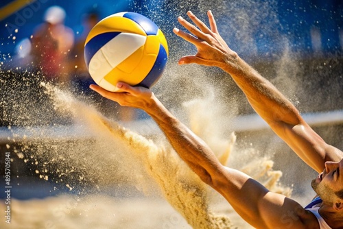 A poignant moment in the game. A volleyball falls on the sand. A volleyball player tries to hit the ball. Concepts of summer Olympic sports. photo