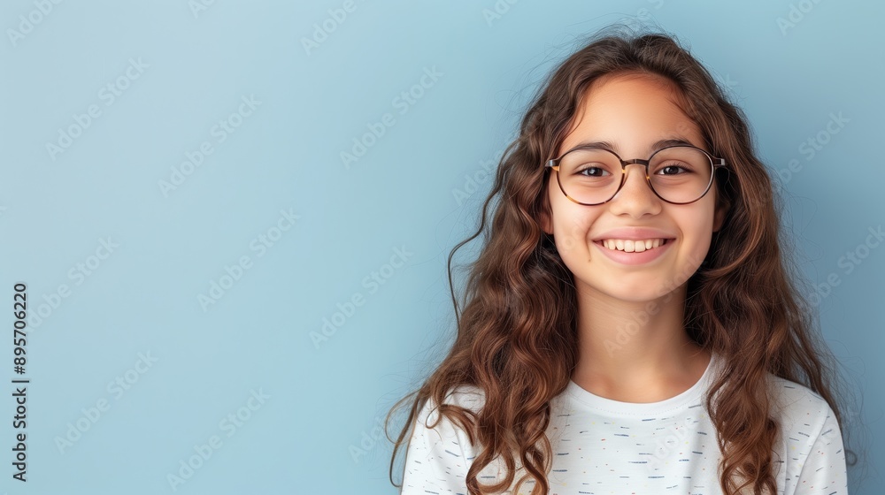 A happy girl with glasses, standing in front of a solid backdrop. A happy girl with glasses, standing in front of a solid backdrop.