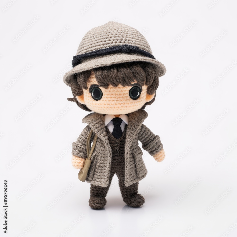 A crocheted doll, wearing a hat and coat, stands on a white background A crocheted doll, wearing a hat and coat, stands on a white background