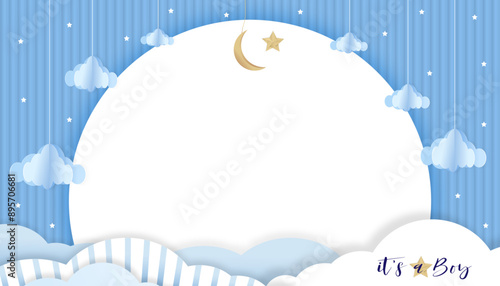 Baby shower card on blue background,Paper art abstract origami cloudscape, crescent moon and stars on blue sky,Cute paper cut with copy space for baby's boy photos