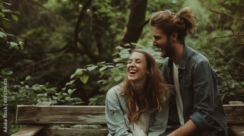 Young couple enjoying nature laughing on bench Young couple enjoying nature laughing on bench