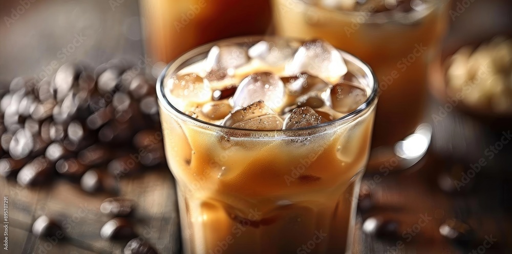 Close-up shot of iced coffee in a glass, surrounded by coffee beans on a wooden surface. Perfect for beverage and coffee-themed designs. Close-up shot of iced coffee in a glass, surrounded by coffee beans on a wooden surface. Perfect for beverage and coffee-themed designs.