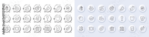 Mint bag, Food app and Vegetables cart line icons. White pin 3d buttons, chat bubbles icons. Pack of Pizza, Potato chips, Pecan nut icon. Strawberry, Salad, Vegetable pictogram. Vector