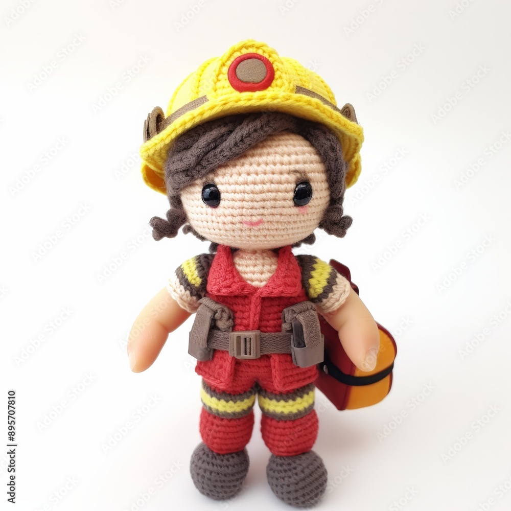 Crocheted firefighter doll wearing a yellow helmet Crocheted firefighter doll wearing a yellow helmet