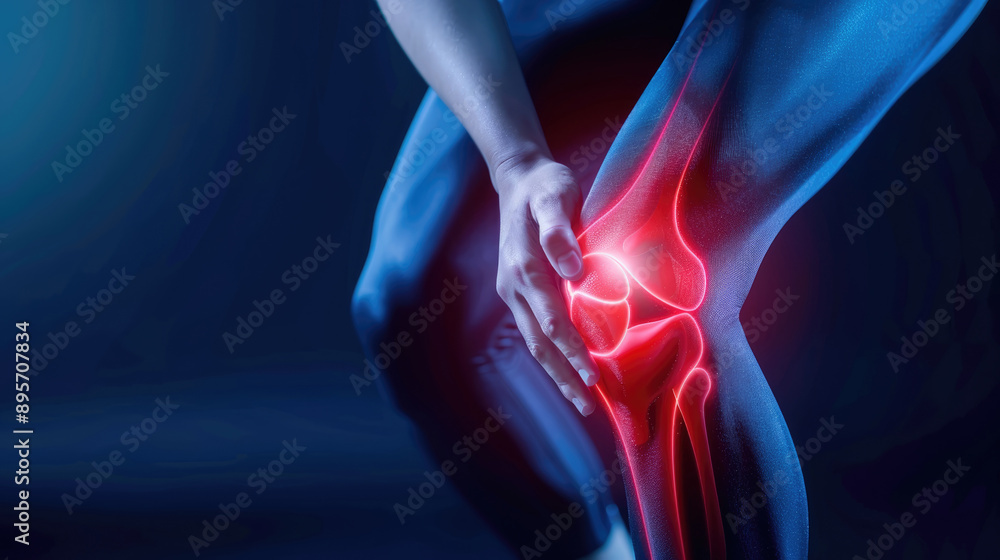 Close-up of knee pain with glowing red hip and leg on dark blue background Close-up of knee pain with glowing red hip and leg on dark blue background