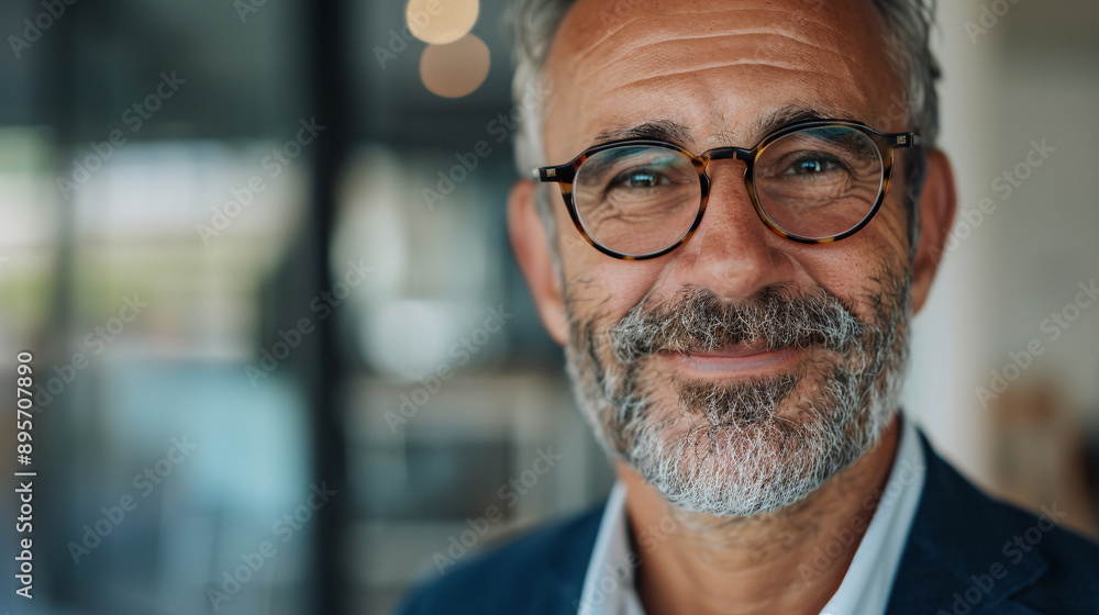 Smiling Mature Man with Glasses in Office Smiling Mature Man with Glasses in Office