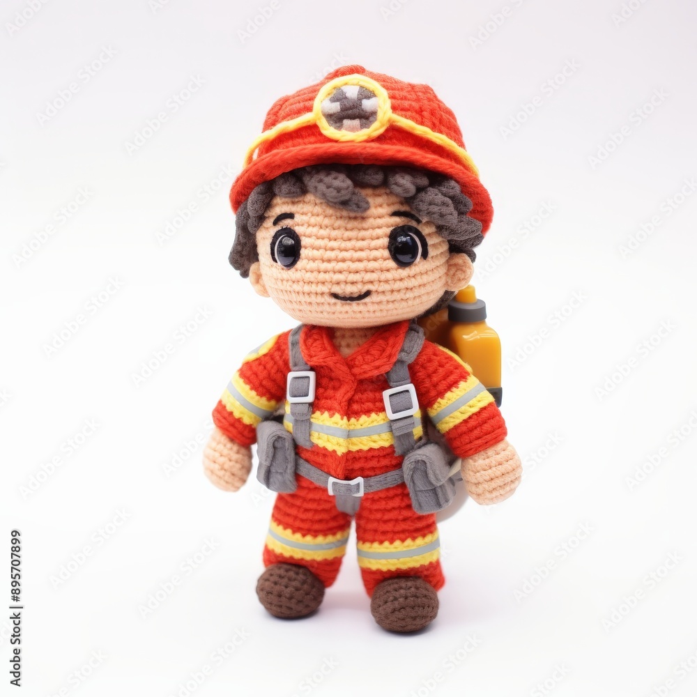 A cute, hand-knitted firefighter doll stands at attention A cute, hand-knitted firefighter doll stands at attention