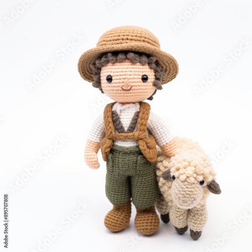 A crocheted doll, dressed as a farmer, stands next to his sheep