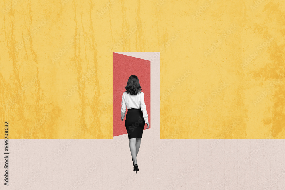 Composite photo collage of sexy besinesswoman walk promotion door new chapter office development career isolated on painted background Composite photo collage of sexy besinesswoman walk promotion door new chapter office development career isolated on painted background