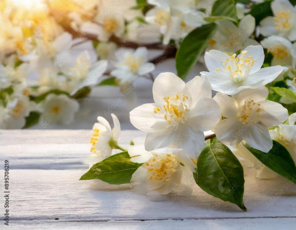 Fototapeta premium art jasmine spring flowers frame on white background