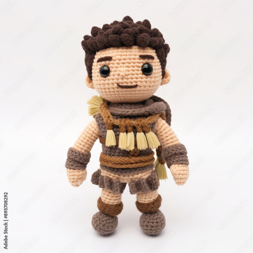 A crocheted doll dressed as a gladiator stands on a white background A crocheted doll dressed as a gladiator stands on a white background