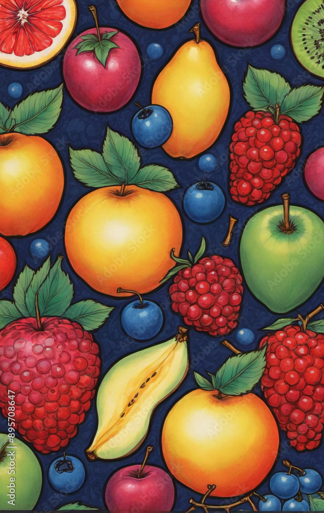 Illustrative and colorful representation of different fruits and leaves side by side Illustrative and colorful representation of different fruits and leaves side by side