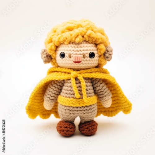 Yellow-haired doll with brown body, yellow cape, on white