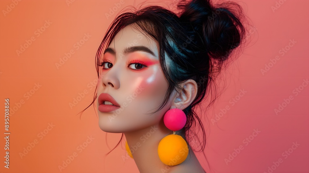 Vibrant Asian Girl with Dramatic Makeup and Colorful Accessories in Fashion Magazine Style Portrait. Playful and Creative Look with Candy Colors and Cute Expression Vibrant Asian Girl with Dramatic Makeup and Colorful Accessories in Fashion Magazine Style Portrait. Playful and Creative Look with Candy Colors and Cute Expression