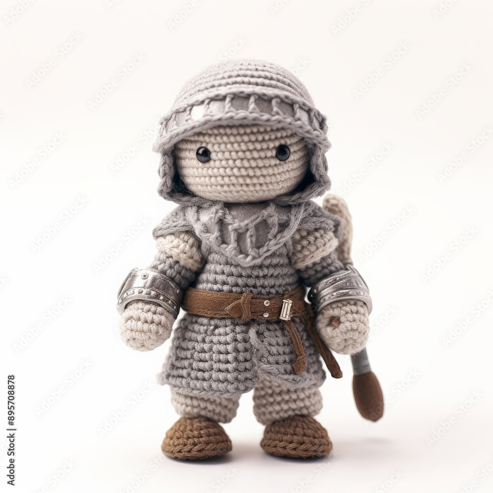 A crocheted doll wearing armor stands on a white background A crocheted doll wearing armor stands on a white background