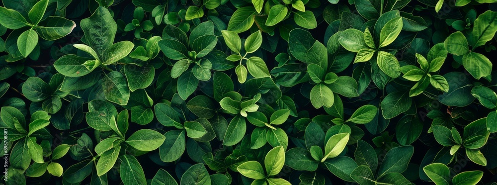 Closeup of lush green leaves on a boxwood hedge background, in a top view. Closeup of lush green leaves on a boxwood hedge background, in a top view.
