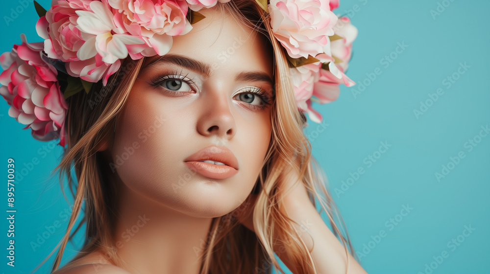 Young woman with blue eyes and pink flowers in her hair against a turquoise background, displaying natural beauty Young woman with blue eyes and pink flowers in her hair against a turquoise background, displaying natural beauty